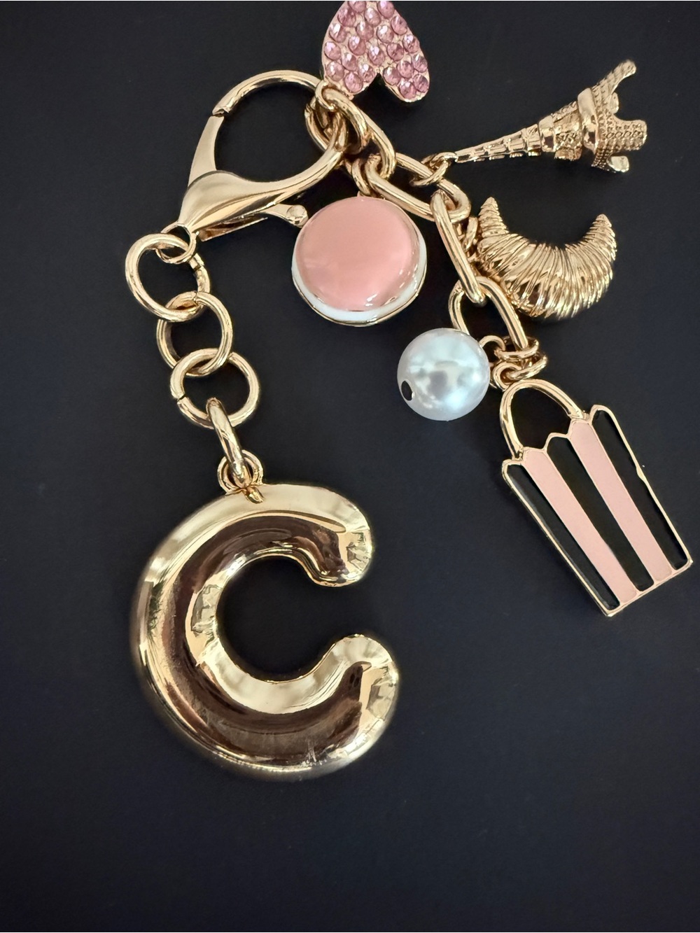 2 Purse Bag Charms Gold Tone Pink Paris Eiffel Tower Initial C Keychain